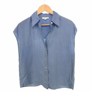 Vince Azul Blue 100% Linen Sleeveless Cap Sleeve Button Up Blouse S Quiet Luxury